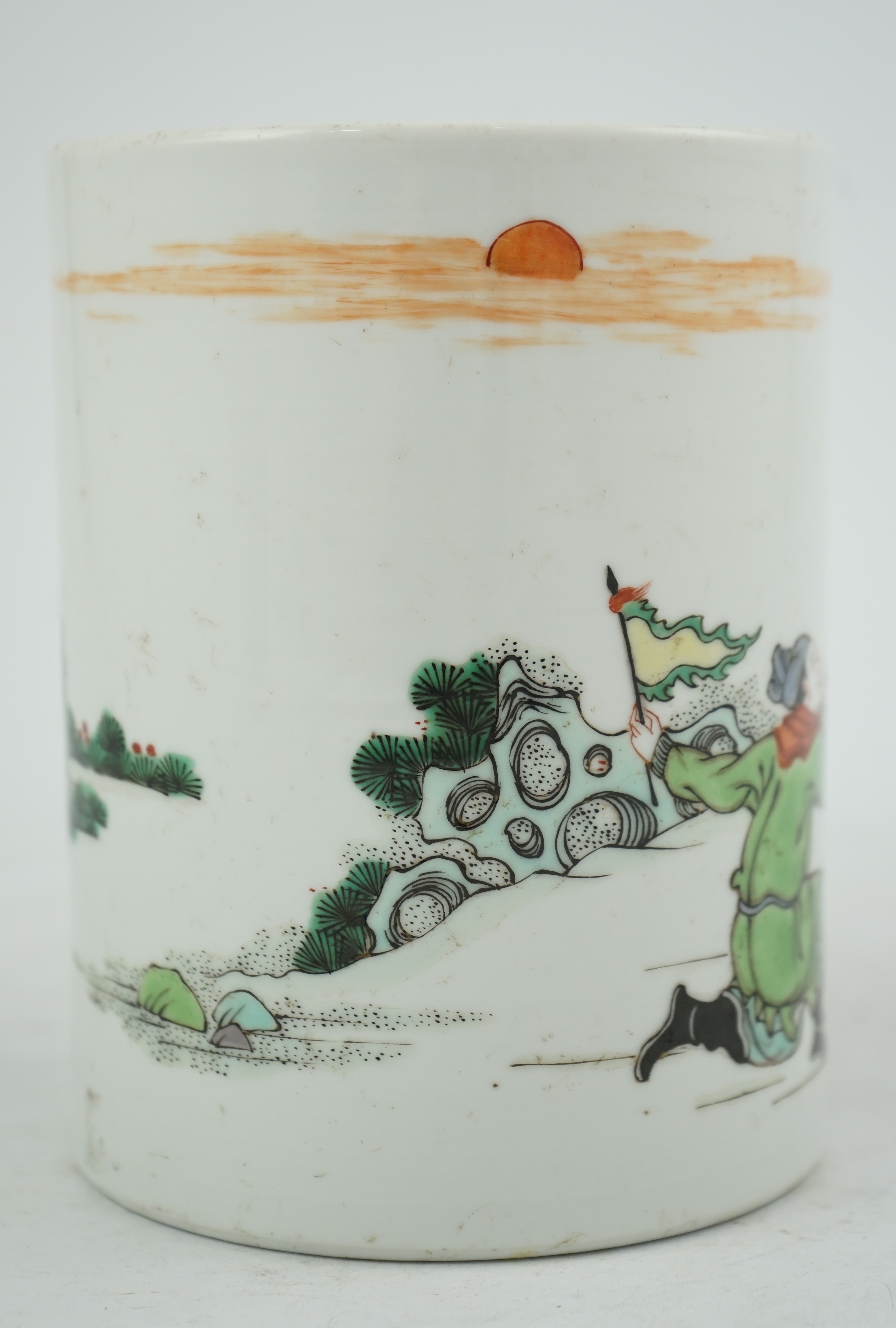 A Chinese famille verte ‘scholars’ brush pot, 15.3cm high